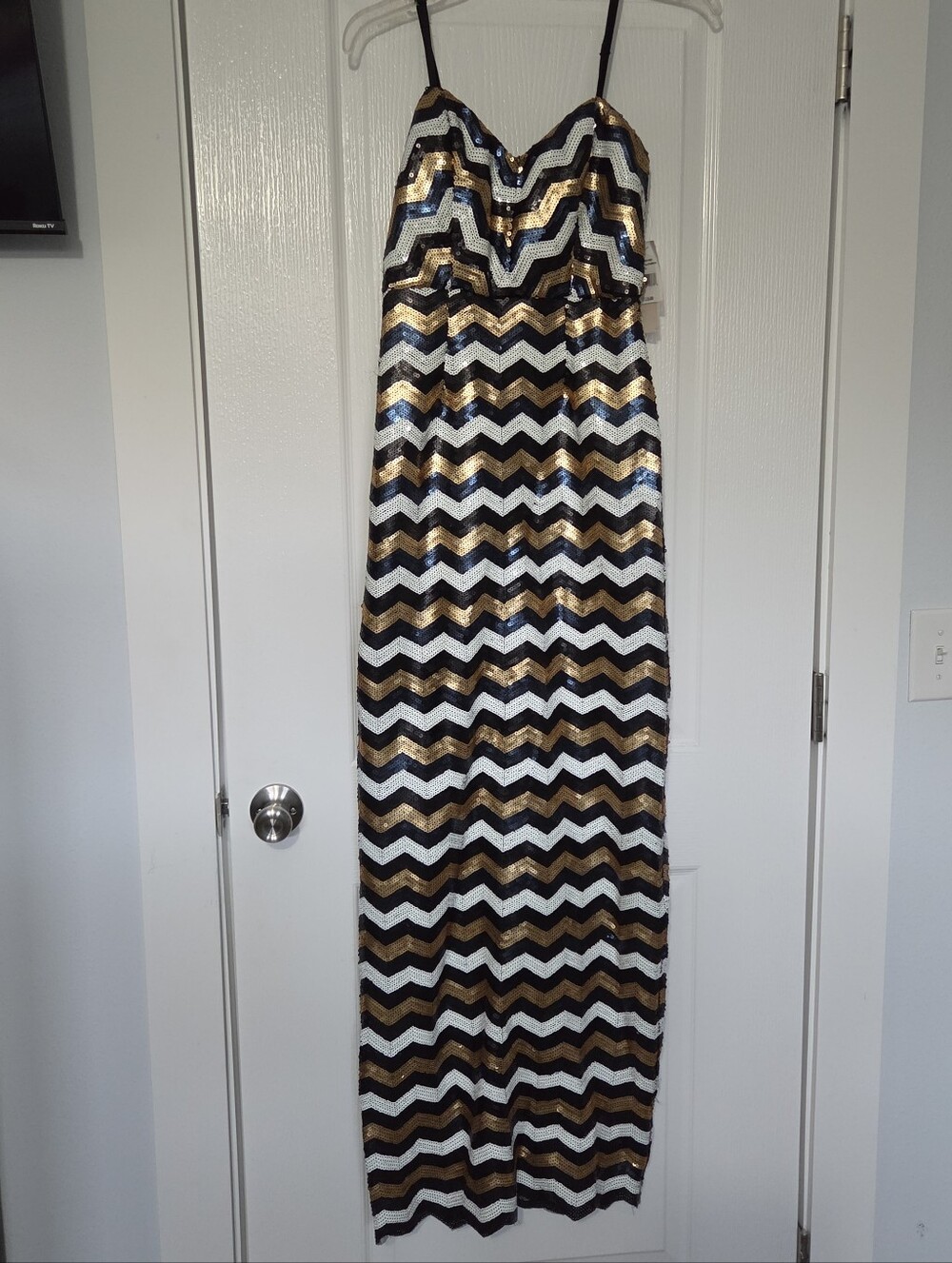 GB Sequin Chevron Maxi Slip Dress in Black, Gold & White